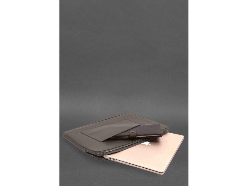 Кожаный чехол для ноутбука на молнии с хлястиком и карманом Темно-бежевый, фото 6