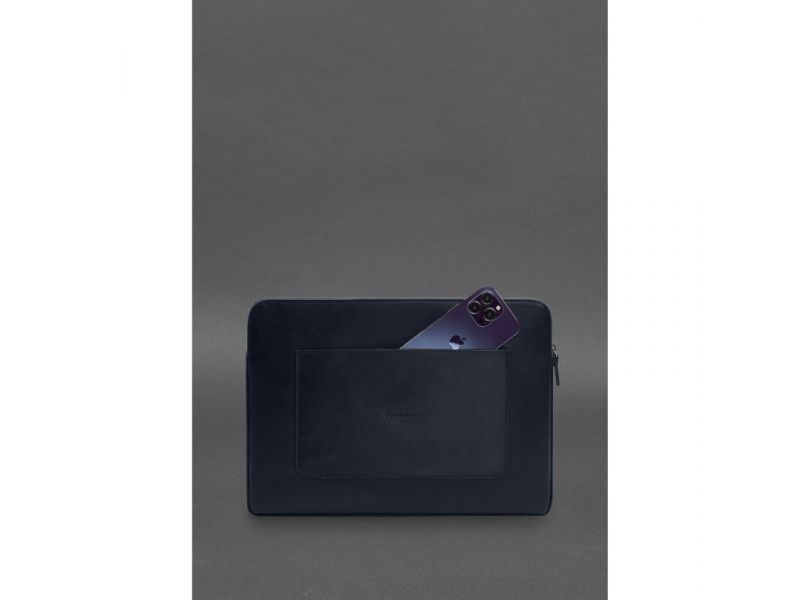Кожаный чехол для ноутбука на молнии с хлястиком и карманом Синий, фото 3