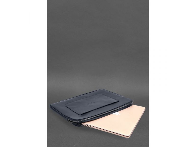 Кожаный чехол для ноутбука на молнии с хлястиком и карманом Синий, фото 5