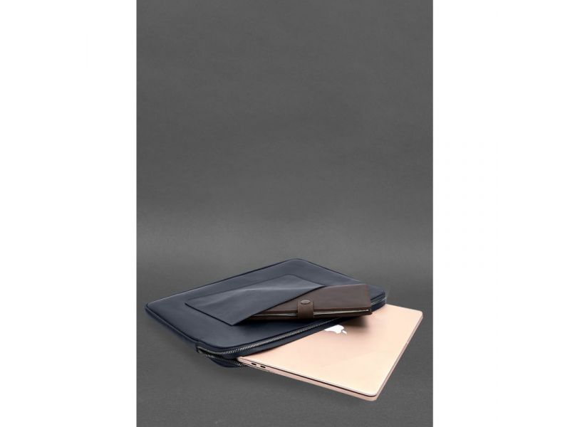 Кожаный чехол для ноутбука на молнии с хлястиком и карманом Синий, фото 6