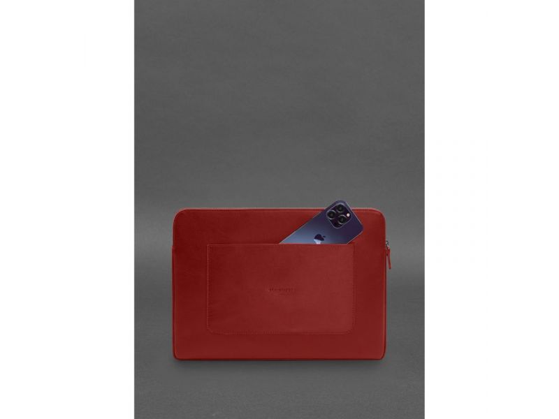 Кожаный чехол для ноутбука на молнии с хлястиком и карманом Красный, фото 3