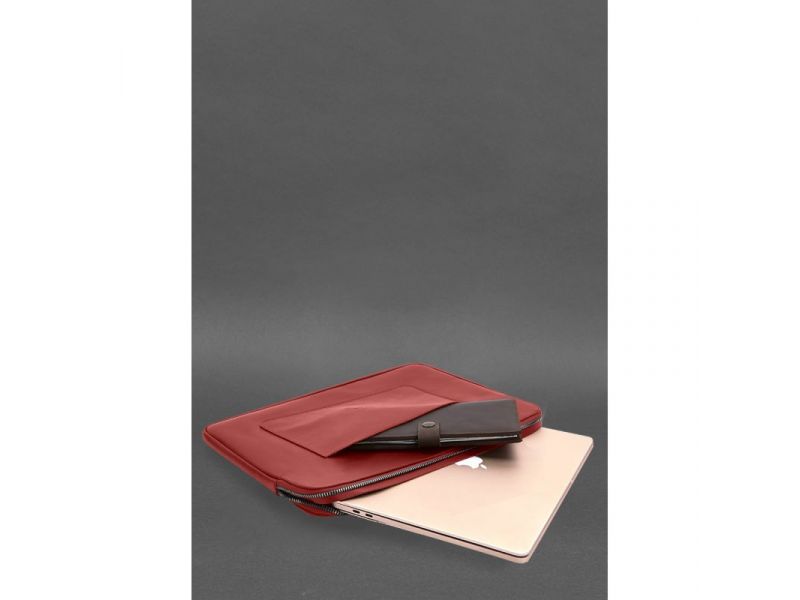 Кожаный чехол для ноутбука на молнии с хлястиком и карманом Красный, фото 6