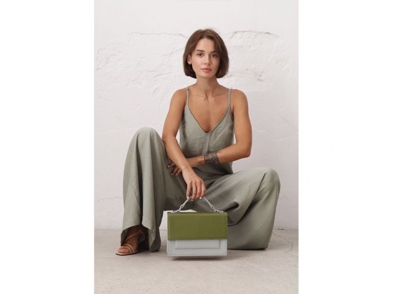 Женская кожаная сумка Grace оливковый/серый, фото 2