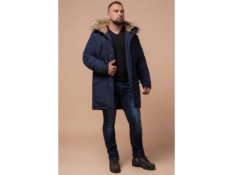 Синяя мужская парка зимняя с трикотажными манжетами модель 91660, фото 3