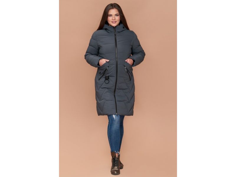 Пуховик большого размера женский зимний серо-зеленый модель 25525, фото 2