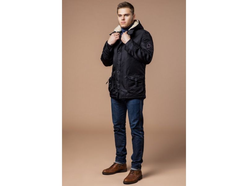 Черная зимняя мужская парка прямого фасона модель 34568, фото 2
