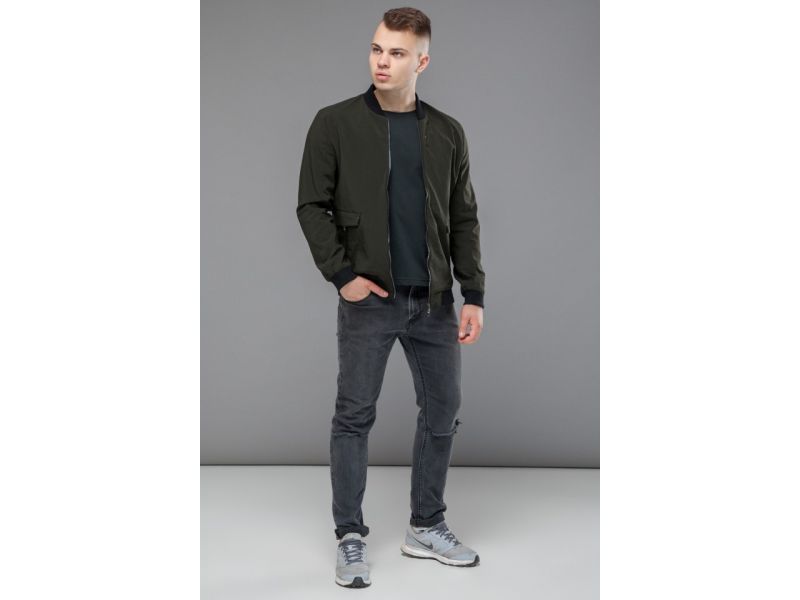 Короткий темно-зеленый мужской молодежный бомбер осенне-весенний модель 32488, фото 3