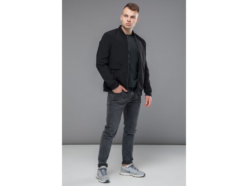 Легкий молодежный мужской бомбер осенне-весенний черный модель 32488, фото 3
