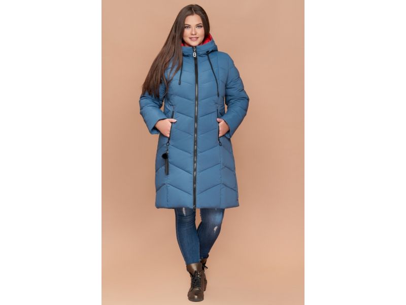 Пуховик темно-голубой большого размера на зиму женский модель 25695, фото 2