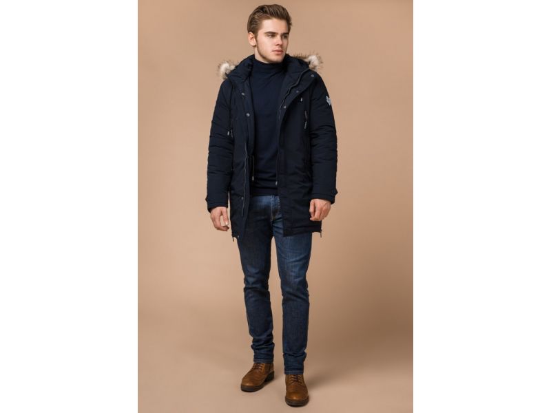 Парка мужская темно-синяя с капюшоном зимняя модель 20758, фото 3