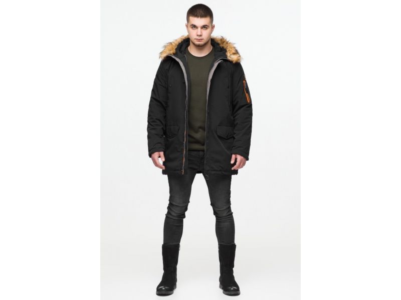 Черная молодежная мужская парка с опушкой зимняя модель 25520, фото 3