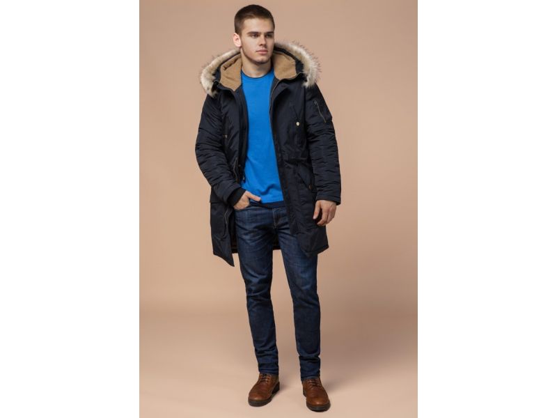 Зимняя парка черно-синяя мужская прямого силуэта модель 91127, фото 3