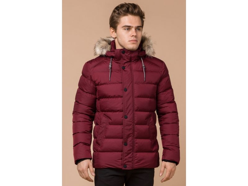 Бордовая зимняя куртка с меховой опушкой мужская модель 16115, фото 3