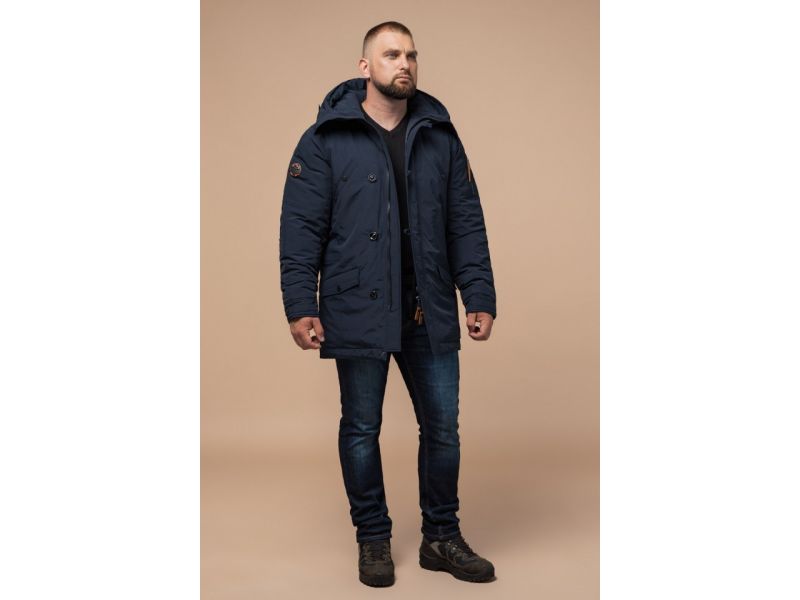Темно-синяя парка мужская зимняя с ветрозащитной планкой модель 2694, фото 3