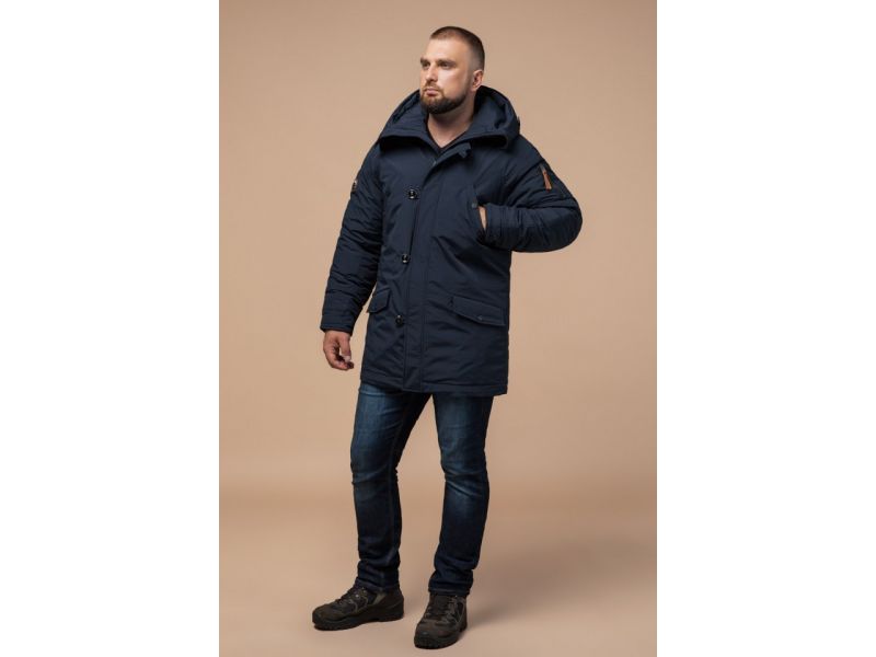 Темно-синяя парка мужская зимняя с ветрозащитной планкой модель 2694, фото 2