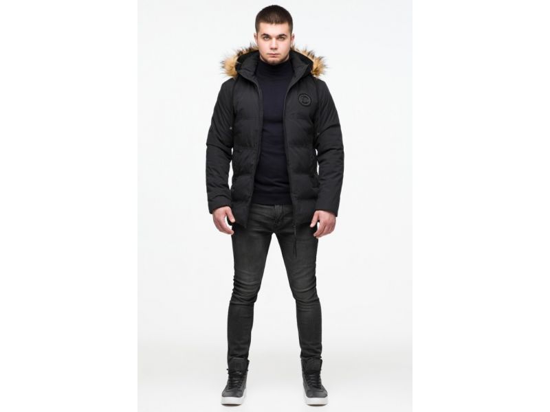 Черная зимняя молодежная мужская куртка с опушкой модель 25550, фото 3