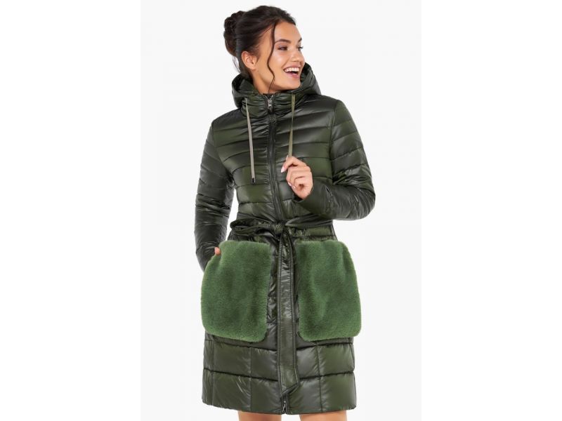 Воздуховик женский осенне-весенний длинный цвет темный хаки модель 31845, фото 3