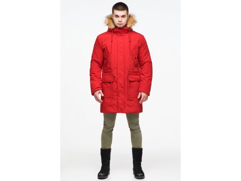 Молодежная мужская красная зимняя парка с карманами модель 25690, фото 2