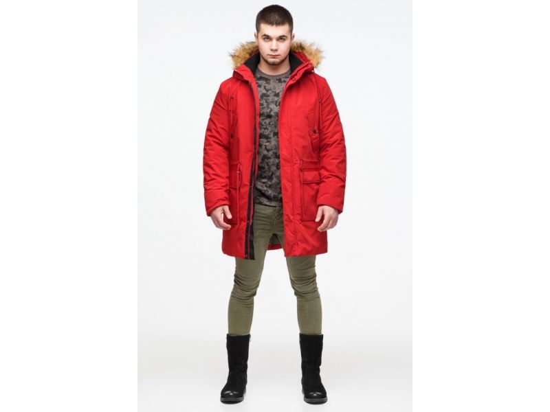 Молодежная мужская красная зимняя парка с карманами модель 25690, фото 3