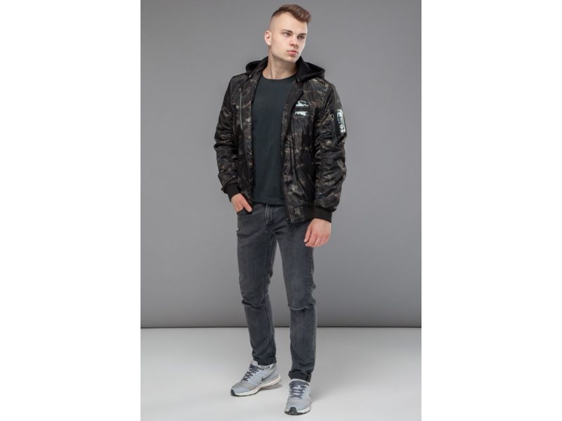 Осенне-весенний молодежный мужской бомбер цвет черный-хаки модель 30155, фото 3