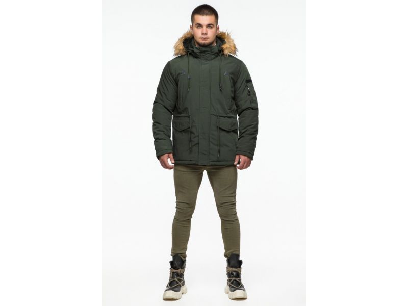 Темно-зеленая мужская молодежная зимняя парка на кнопках модель 25770, фото 2