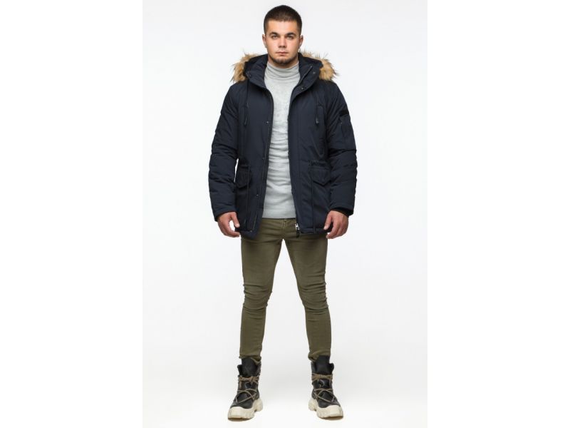 Теплая молодежная мужская парка темно-синяя на зиму модель 25770, фото 3