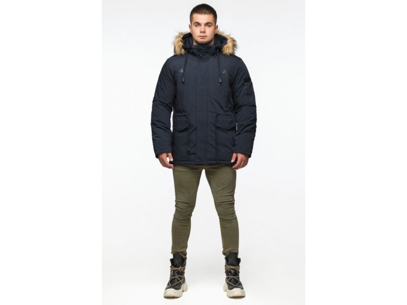Теплая молодежная мужская парка темно-синяя на зиму модель 25770, фото 2