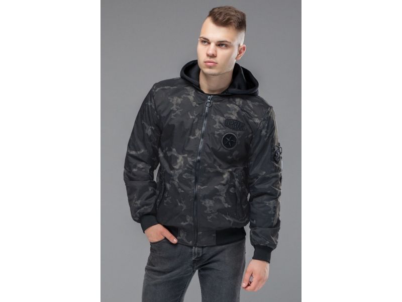 Легкий мужской осенне-весенний бомбер молодежный цвет черный-хаки модель 14262, фото 3