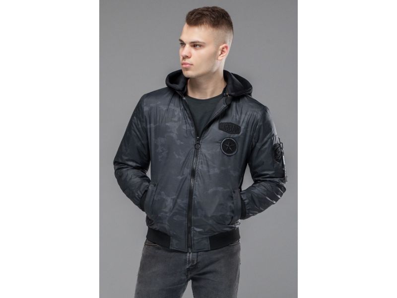 Молодежный черно-серый осенне-весенний бомбер мужской модель 14262, фото 3