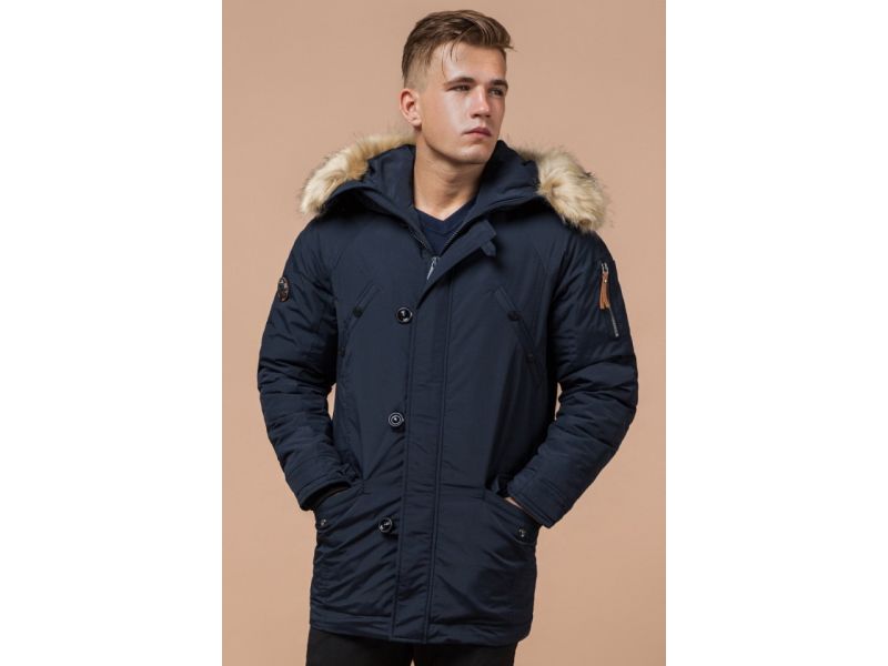 Темно-синяя мужская зимняя парка с меховой опушкой модель 3986, фото 3