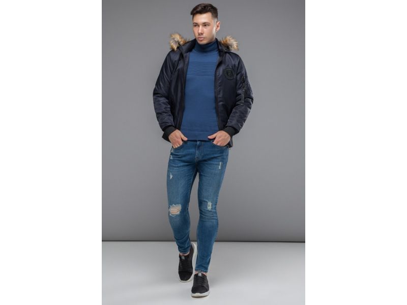 Темно-синий мужской молодежный бомбер осенне-весенний с опушкой модель 46575, фото 3