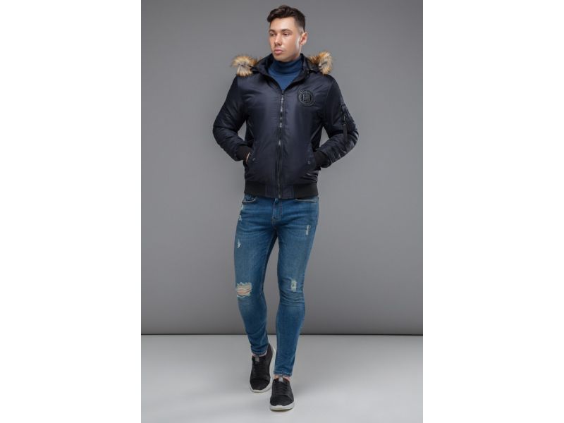 Темно-синий мужской молодежный бомбер осенне-весенний с опушкой модель 46575, фото 2