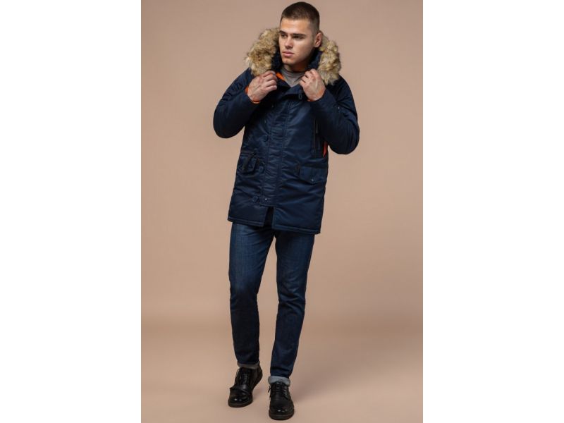 Зимняя темно-синяя парка мужская с яркой подкладкой модель 4137, фото 2