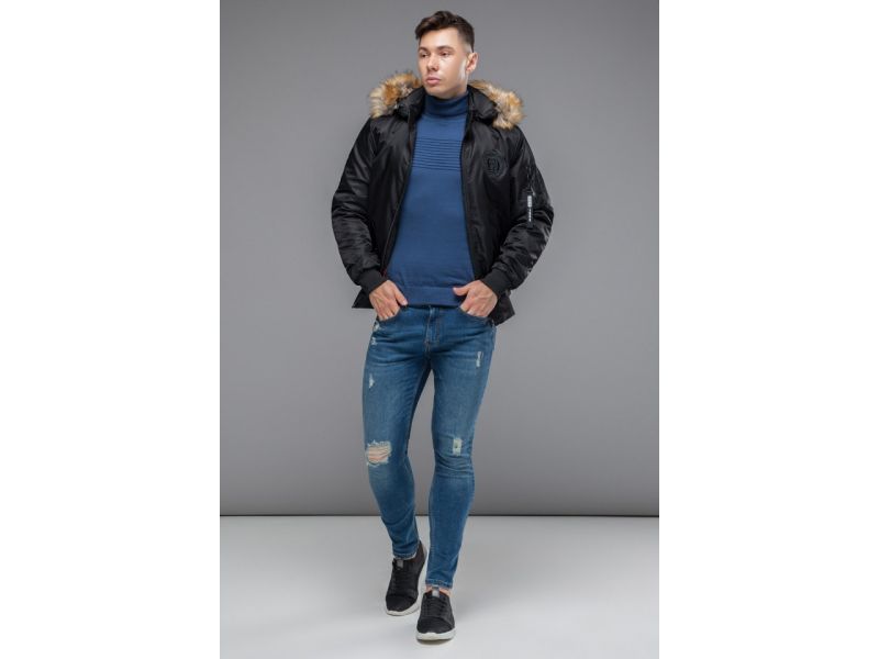 Черный бомбер осенне-весенний молодежный для мужчин модель 46575, фото 3