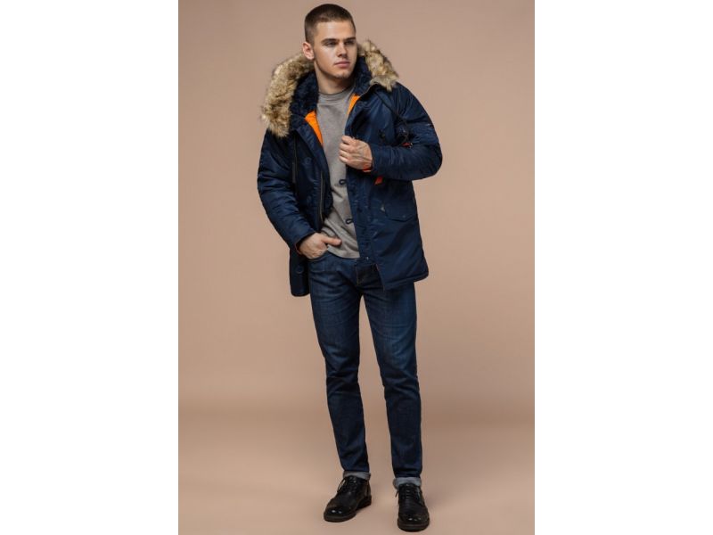 Зимняя темно-синяя парка мужская с яркой подкладкой модель 4137, фото 3