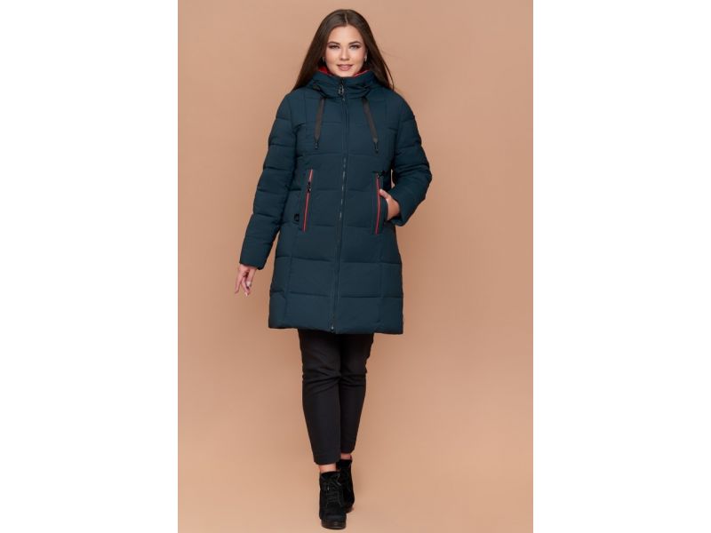 Пуховик большого размера зимний женский темно-зеленого цвета модель 25175, фото 2