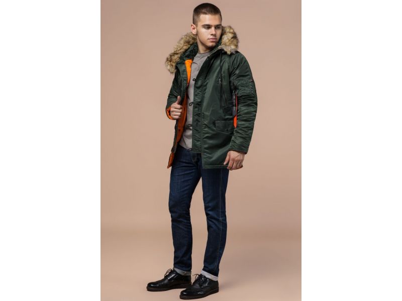 Мужская парка прямого силуэта зимняя цвета хаки модель 4137, фото 3
