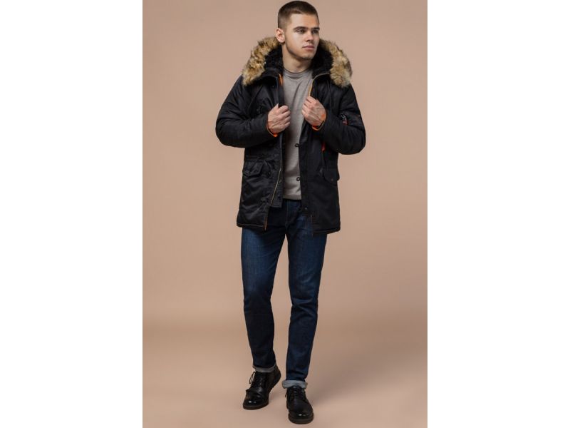 Черная парка зимняя мужская с опушкой модель 4137, фото 2