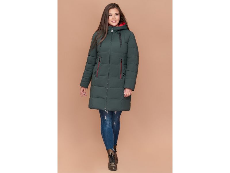 Пуховик женский большого размера серо-зеленого цвета зимний модель 25175, фото 2