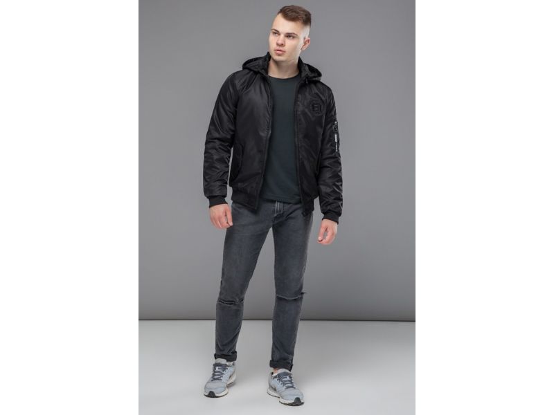 Черный молодежный мужской бомбер короткий осенне-весенний модель 30525, фото 3