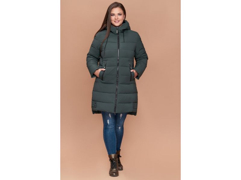 Пуховик серо-зеленого цвета большого размера зимний женский модель 25225, фото 2