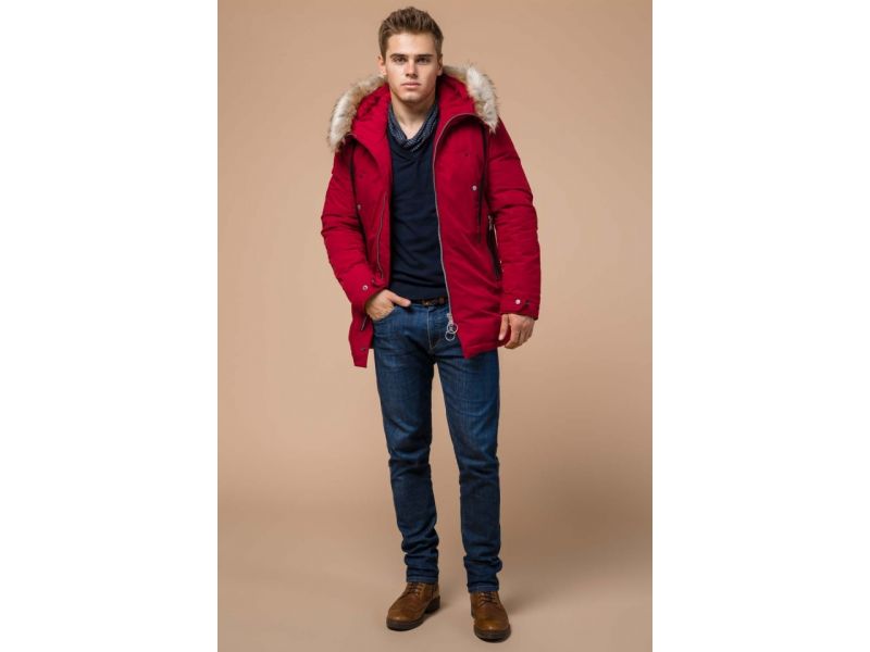 Красная мужская парка с опушкой зимняя модель 15231, фото 3