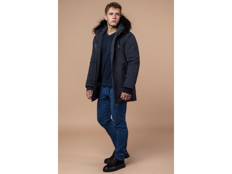 Графитовая мужская парка с ветрозащитной планкой зимняя модель 9255, фото 3