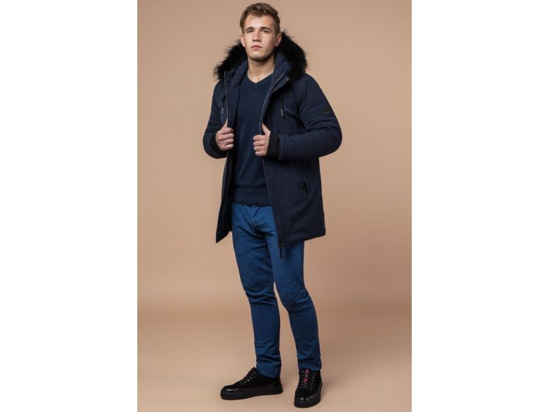 Парка мужская темно-синяя зимняя с меховой опушкой модель 9255, фото 3