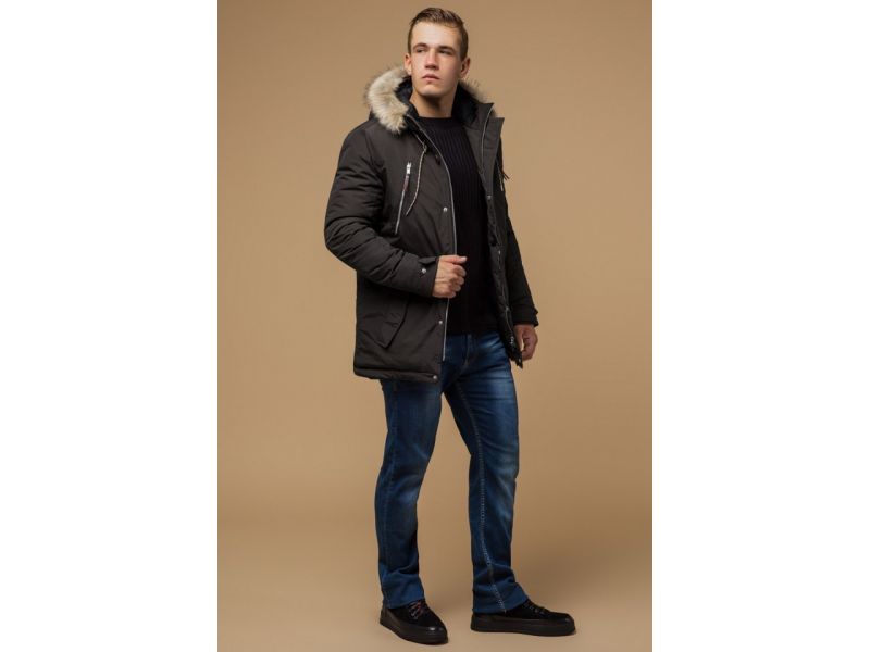 Зимняя парка мужская коричневого цвета теплая модель 14015, фото 3