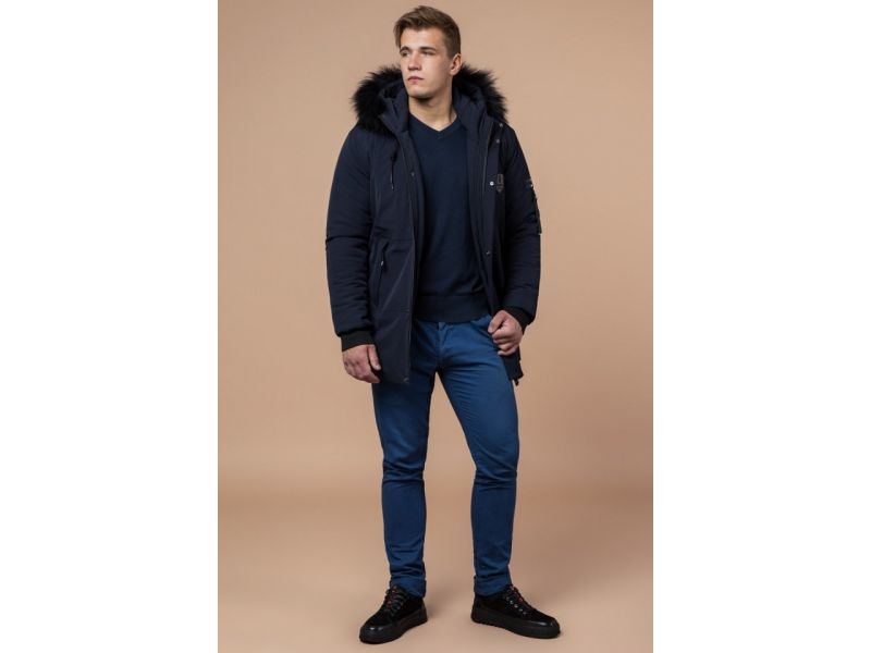 Парка зимняя мужская темно-синяя с карманами модель 9828, фото 3