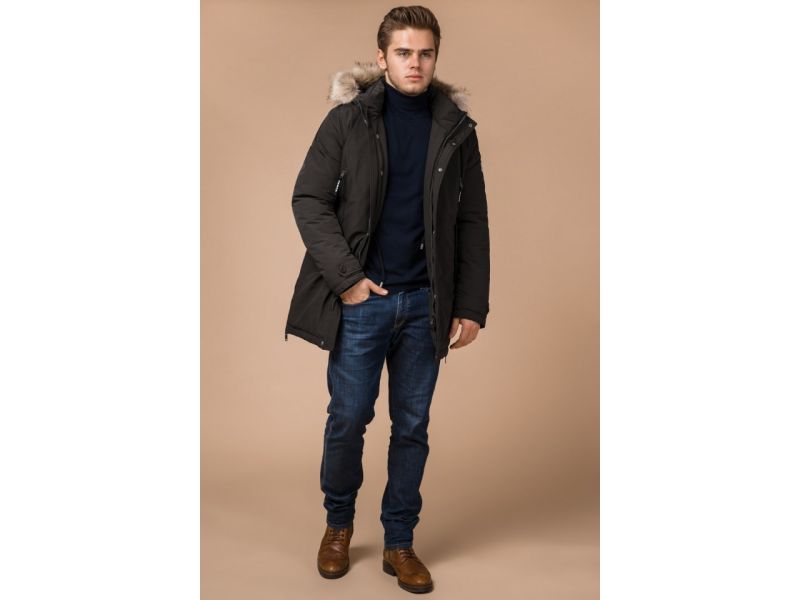Мужская коричневая парка зимняя с меховой опушкой модель 20758, фото 3