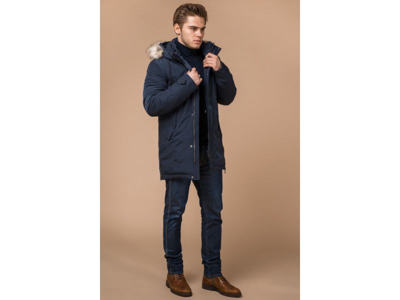 Синяя мужская зимняя парка с кулиской модель 20758, фото 2