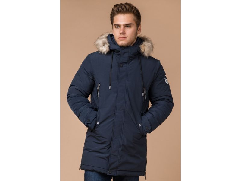 Синяя мужская зимняя парка с кулиской модель 20758, фото 3