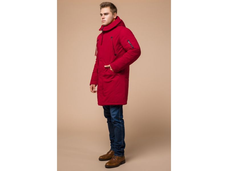 Мужская красная парка зимняя с прорезными карманами модель 23675, фото 2